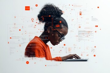Poster - A girl in glasses uses a laptop surrounded by abstract digital interface elements, representing the intersection of technology, education, and youth innovation.