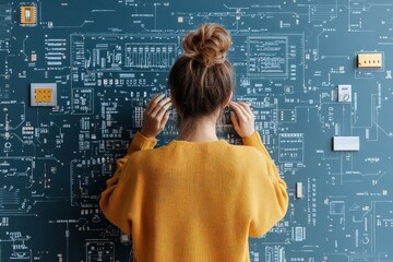 Poster - A woman wearing a yellow sweater interacts with a wall resembling a futuristic circuit board, suggesting innovation, technology, and modern connectivity concepts.