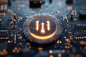 Poster - A circular microchip design is prominently featured glowing blue amidst a detailed circuit board, emphasizing futuristic and advanced electronics.