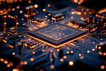 Poster - A vivid close-up image showcasing the intricate design of an illuminated circuit board centered around a glowing processor, capturing the essence of technology.