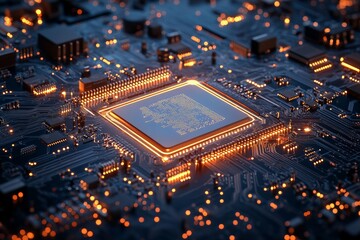 Poster - An illuminating image of a circuit board with a focus on the central area showcasing the modern technological theme with bright glowing elements signifying progress.