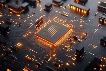 Poster - A detailed depiction of a circuit board, focusing on a brightly highlighted microprocessor, representing the core of modern computing and technological advancement.