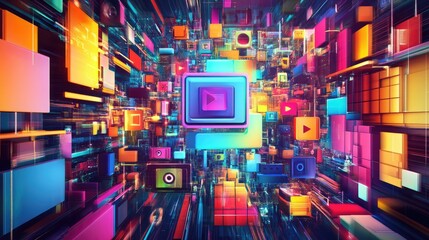 Poster - Streaming and TV video channels, dynamic background with digital media, colorful tech and entertainment