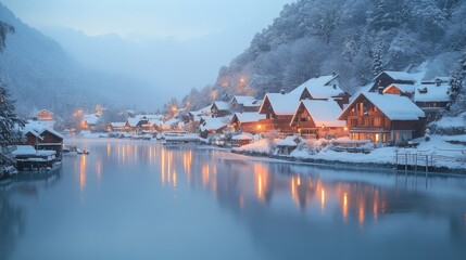 Poster - A serene winter evening unfolds in a snowy village, where quaint houses line the river. Soft lights illuminate the scene, creating a peaceful atmosphere as dusk settles.