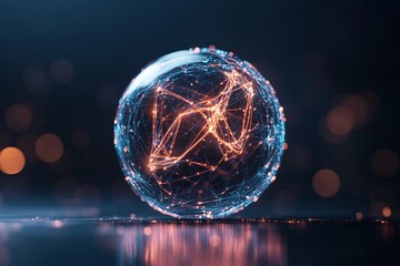 Poster - An artistic representation of a glowing sphere, interlaced with geometric light lines, symbolizing connectivity, modern technology, and dynamic digital networks.