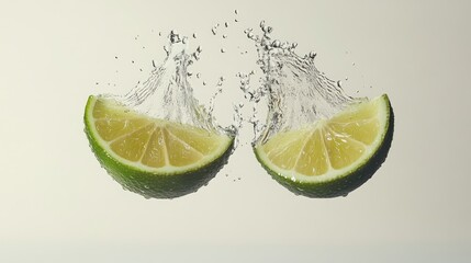 Poster - Two juicy lime slices in mid-air splash, water droplets detailed over a white background, conveying freshness and motion