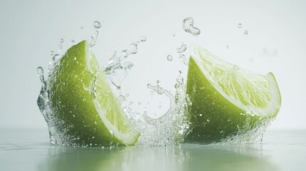 Poster - Two lime wedges collide in clear splashes, green tones highlighted against a plain white background with water motion details