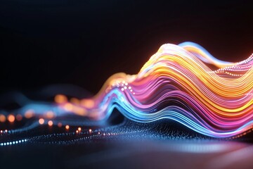 Poster - Abstract image of colorful, flowing, dynamic waves with digital light effects, creating a vibrant and modern aesthetic against a dark backdrop.