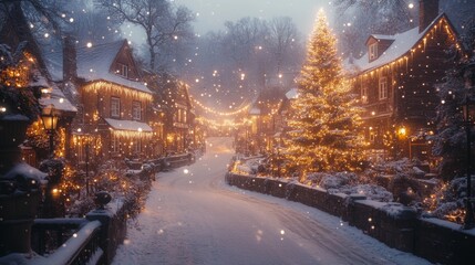Poster - A picturesque village is transformed into a winter wonderland as snow falls softly. Homes are illuminated with festive lights, and a beautifully adorned tree stands proudly at the center.