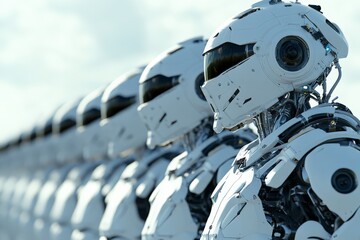 Poster - Robots with helmets line up against a clear sky, symbolizing the union of human ingenuity and robotic prowess in advancing towards a more automated future.