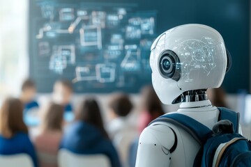 Poster - An educational robot with an advanced interface stands in a modern classroom, observing, symbolizing the integration of technology and education for future learning.