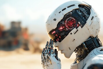 Poster - A futuristic robot appears deep in thought, standing in a vast desert landscape, symbolizing contemplation and futuristic introspection amidst a barren backdrop.