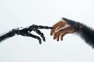 Poster - A high-tech robotic limb reaches out to engage with a human hand, capturing the essence of interaction, exploration, and the convergence of man and machine in future concepts.