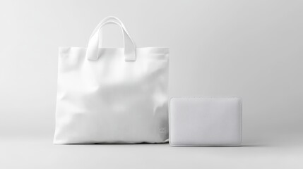 Stylish White Tote Bag and Square Pouch on Minimalist Background