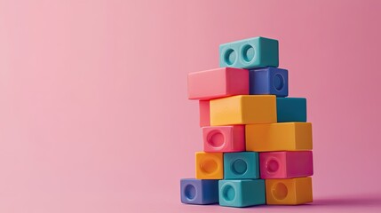 Fototapete - Stack of colorful building blocks on plain background, representing creativity and joy, space for Children Day message