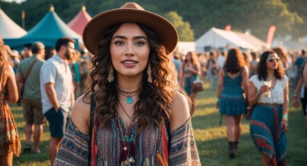 Wall Mural - Hispanic Young Woman with Loose Curls in Bohemian Dress at Summer Festival Retro Portrait Concept