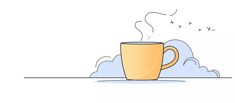 A simple one line drawing of coffee mug with steam, white background, flat design style,