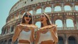 Two cheerful friends relishing pizza at rome s coliseum  a delightful italian culinary adventure