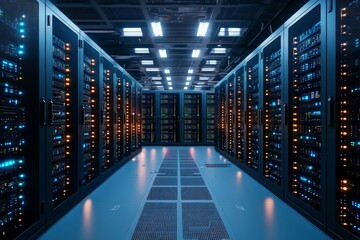 Poster - A view of deep blue illuminated server racks within a technology hub, signifying the heart of data storage and processing in a corporate setting.