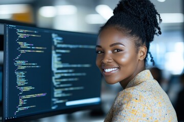 Poster - Bright young woman with curly hair coding on a computer screen filled with colorful code, epitomizing innovation and inspiration in a digital technology setting.