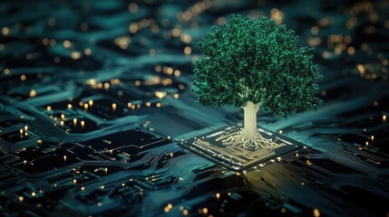 Aufkleber - A digital green tree glowing on a computer circuit board, symbolizing innovation and sustainability in technology