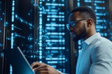Poster - An IT expert working diligently in a brightly lit server room, representing focus, precision, and modern technological infrastructure and data systems.
