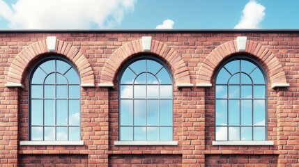 Vintage red brick facade with arched windows and blank sky area