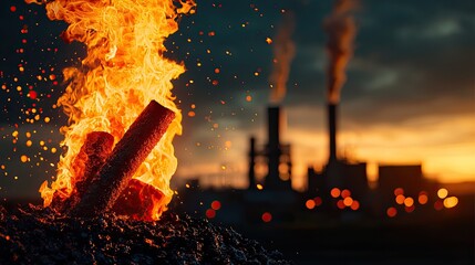 Fire burning with factory smoke in the background during sunset.