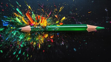 Aufkleber - A single sharp green pencil with vibrant shavings scattered artistically around it, creating a burst of color