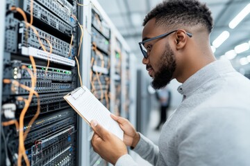 Poster - A technician with glasses clad in a light sweater reads a clipboard with focus, surrounded by technological equipment, showcasing IT precision and focus.