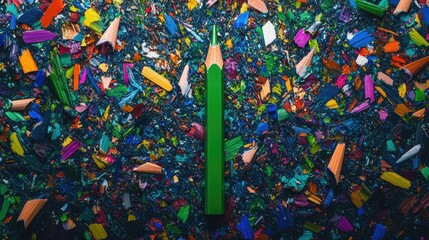 Aufkleber - Bright green pencil surrounded by a vivid array of colorful shavings, scattered artistically for a striking contrast