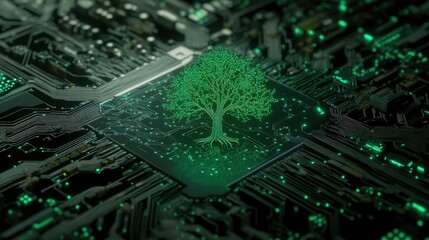 Aufkleber - Circuit board with a green glowing tree symbol, representing innovation in tech for environmental sustainability