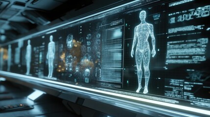 Poster - Digital-human interface in a 3D render, showing the seamless integration of human forms with advanced tech, futuristic feel