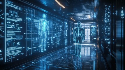Poster - Digital-human interface in a 3D render, showing the seamless integration of human forms with advanced tech, futuristic feel