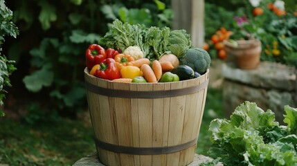 Aufkleber - Freshly harvested vegetables fill a wooden bucket, surrounded by a vibrant rural garden under clear skies. Generative AI