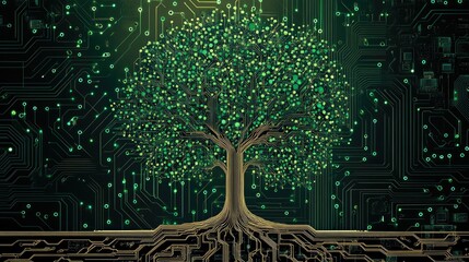 Aufkleber - Green digital tree growing on a circuit board background, representing the integration of tech and environmental sustainability
