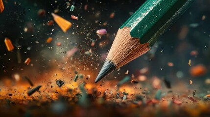 Poster - Green pencil highlighted among colorful, scattered shavings, capturing the energy of an artistic, dynamic scene