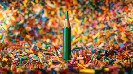Poster - Green pencil stands out in a scene of vibrant, colorful shavings, scattered in an artistic burst of color