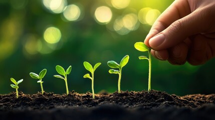 Hand holding young seedlings, green bokeh in background, signifying growth, conservation, and environmental care