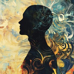 Poster - An abstract silhouette of a person stands against a vibrant backdrop of swirling colors, evoking feelings of creativity and emotion. Generative AI