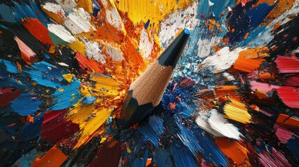 Poster - Sharp pencil surrounded by an explosion of vibrant shavings, each color scattered artfully for a striking scene