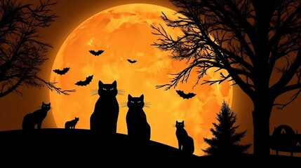 Naklejka na meble Spooky Halloween Night with Black Cats and Moon