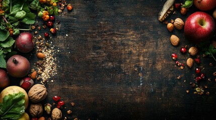Poster - Top view of a rustic wooden background layered with vibrant fresh produce, nuts, and grains, a balanced and natural feast of healthy choices