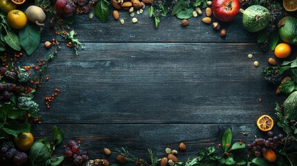 Poster - Top view of a rustic wooden background layered with vibrant fresh produce, nuts, and grains, a balanced and natural feast of healthy choices