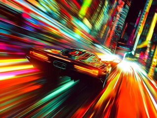 Wall Mural - A car driving down a city street at night