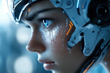 Poster - A close-up of a futuristic female cyborg with a detailed high-tech helmet, showcasing intricate design elements and glowing features, depicting advanced technology.