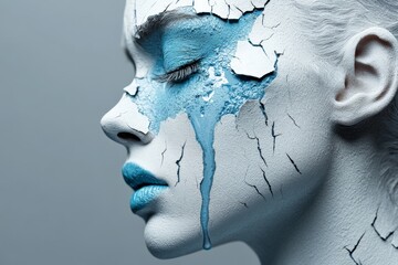 Poster - An artistic portrayal of a face covered with cracked blue paint, demonstrating vibrant texture and expressive features, symbolizing fragility and transformation.