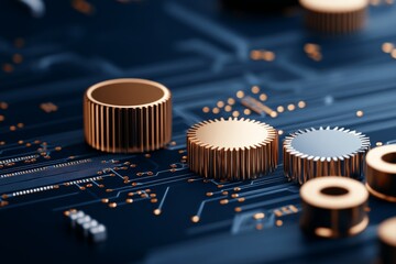 Poster - Golden gears intricately embedded in a blue circuit board embody the harmonious blend of mechanical and digital worlds, evoking thoughts on innovation.