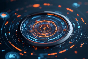 Poster - A vibrant high-tech circular interface display with bright blue and orange hues, showcasing a digital blend of modern technology, innovation, and connectivity.
