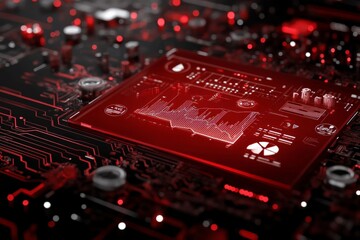 Poster - a futuristic circuit board displaying a red-toned data visualization interface, emphasizing technolo